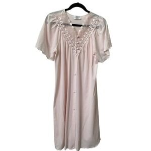 Vintage Shadowline Nightgown Pink Lace Trim 80s Nylon Sleepwear Womens Small USA
